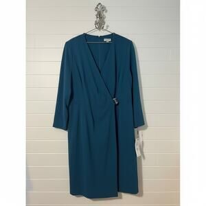 Calvin Klein Woman 20W Plus Teal New Draped Faux Wrap Sheath Dress